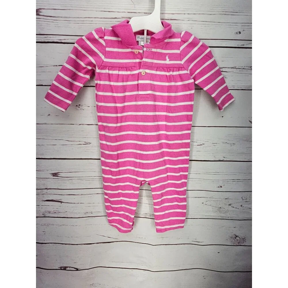 Ralph Lauren Girls Pink Striped‎ Polo Collared Coverall Outfit Size 9M 9 months